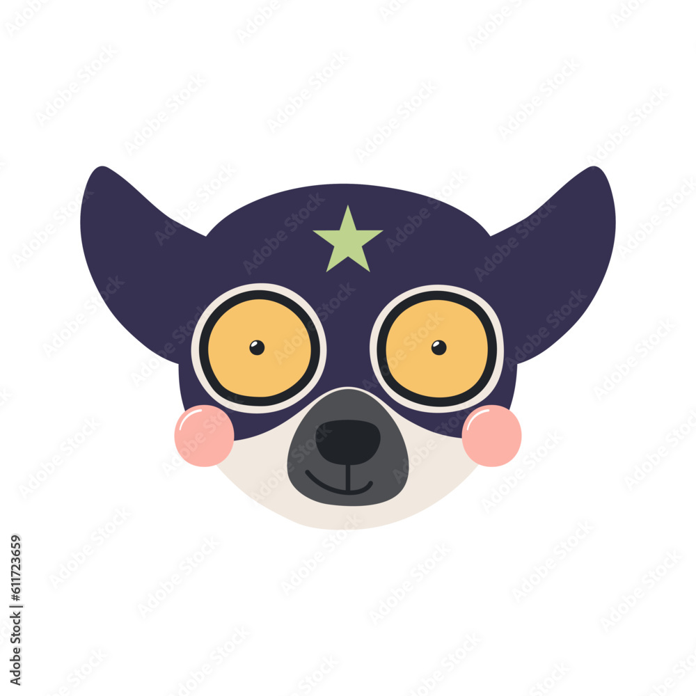 Cute funny lemur superhero face in mask cartoon character illustration. Hand drawn Scandinavian style flat design, isolated vector. Kids print element, cool, brave animal, comic book super hero Cute funny lemur superhero face in mask cartoon character illustration. Hand drawn Scandinavian style flat design, isolated vector. Kids print element, cool, brave animal, comic book super hero