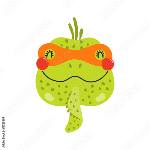 Cute funny iguana superhero face in mask cartoon character illustration. Hand drawn Scandinavian style flat design  isolated vector. Kids print element  cool  brave animal  comic book super hero