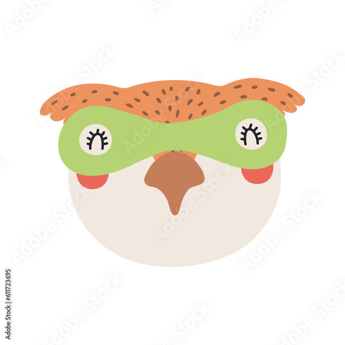 Cute funny owl superhero face in mask cartoon character illustration. Hand drawn Scandinavian style flat design, isolated vector. Kids print element, cool, brave animal, comic book super hero