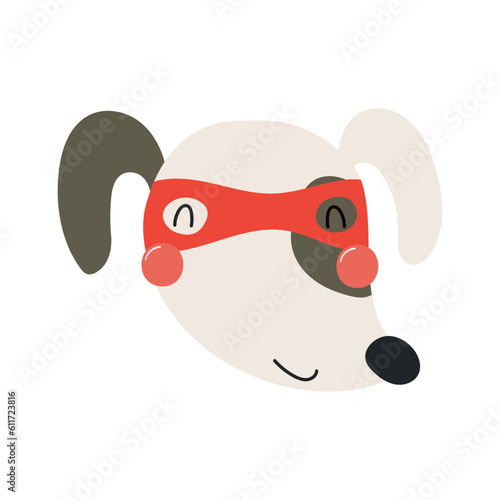 Cute funny dog superhero face in mask cartoon character illustration. Hand drawn Scandinavian style flat design, isolated vector. Kids print element, cool, brave animal, comic book super hero