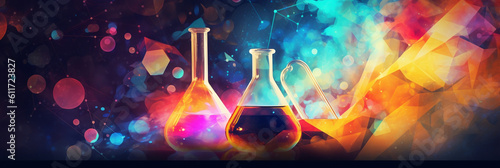 Chemistry science research lab background with a glass flask and vial and a vibrant digital abstract banner, banner, generative AI photo