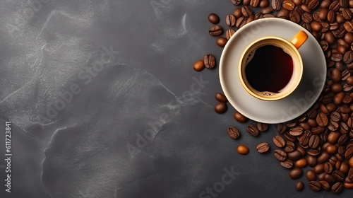 A cup of fragrant coffee with coffee beans on a gray and black stone tabletop 