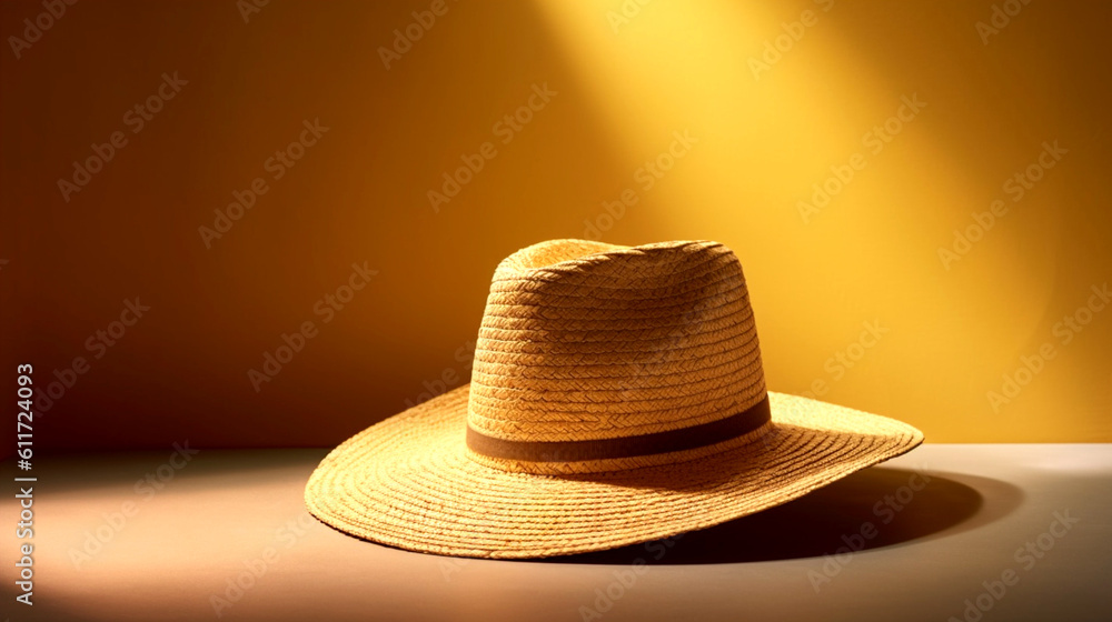 A summer straw hat brand, top angle, right copyspace, photography A summer straw hat brand, top angle, right copyspace, photography