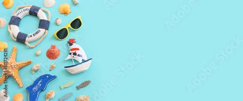 Canvas Print nautical, vacation and travel banner with sea life style objects