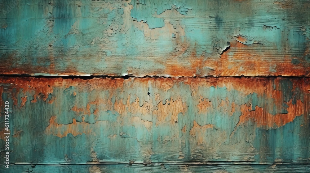 Distressed painted surface. Teal, cyan, turquoise  antique and aged metal, wall. vintage texture backdrop. Generative AI.