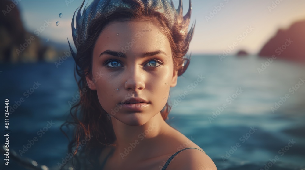 Portrait of a beautiful mermaid girl, nearby sea Generative AI Portrait of a beautiful mermaid girl, nearby sea Generative AI