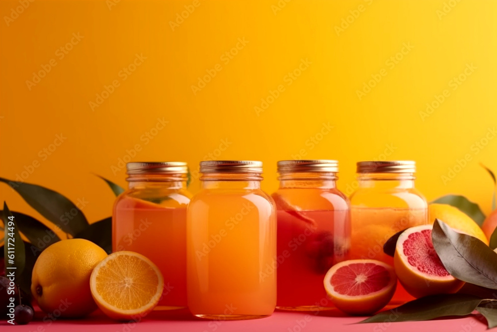 Summer frame juices, yellow pink background Summer frame juices, yellow pink background