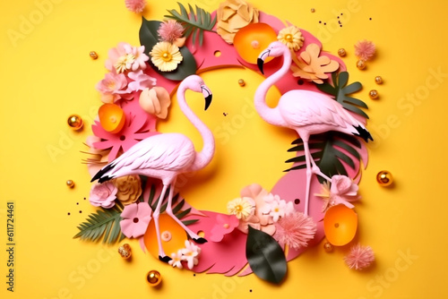 Summer frame flamingo tropical, yellow pink background