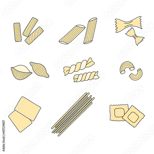 Different types of pasta. Delicious Italian food. Spasgetti, farfalle, ravioli, shells, singing.