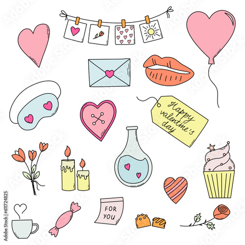 Valentine's Day dudl set. Romantic stickers. Heart, love letter, love potion, heart ball.