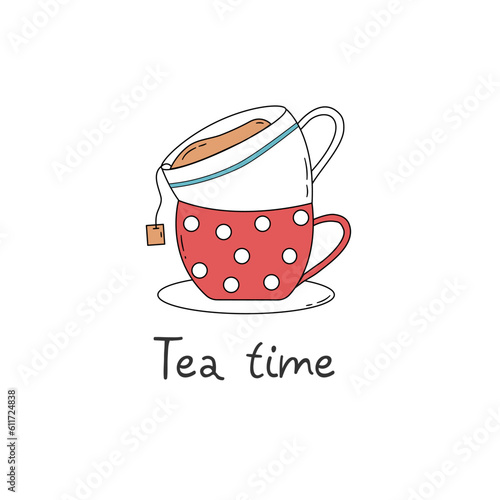 Tea time. Cute mugs with tea and an inscription.