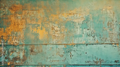 Distressed painted surface. Teal, turquoise and antique aged metal, wall. Vintage texture backdrop. Generative Ai.