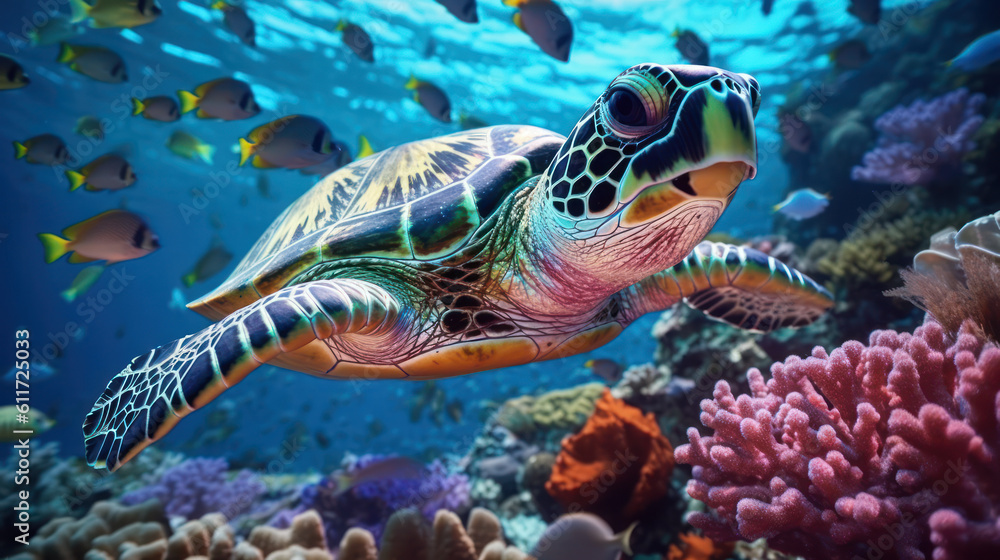 Fototapeta premium Underwater scene with Green Sea Turtle swimming among colorful coral reef in clear blue water. Generative AI