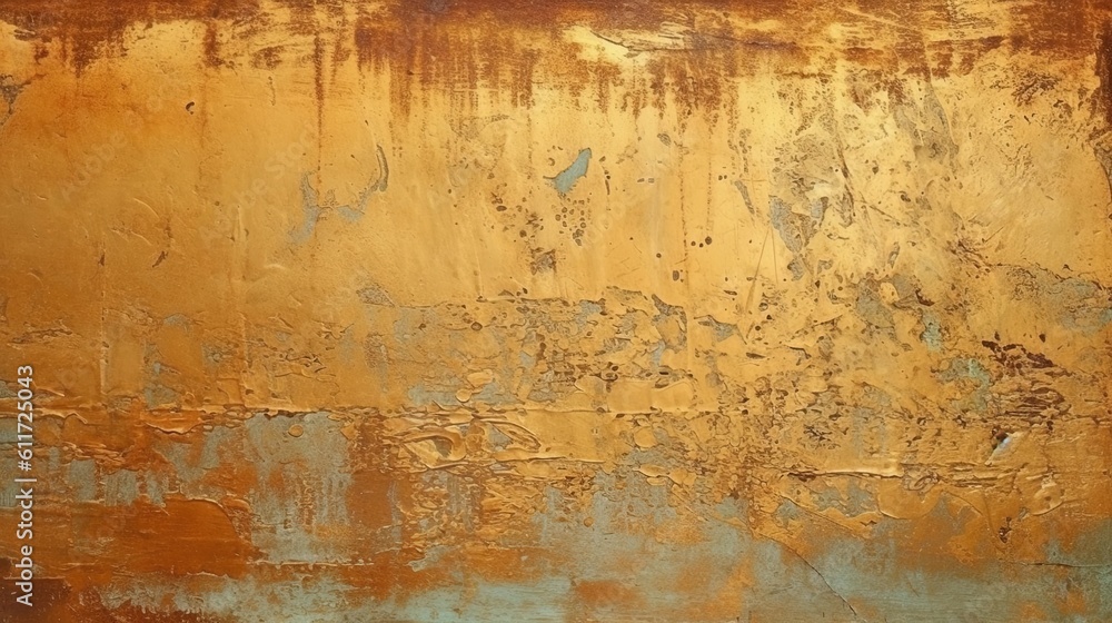 Fototapeta premium Distressed painted surface. Gold, brown, black antique and aged metal, wall. Vintage texture backdrop. Generative Ai.