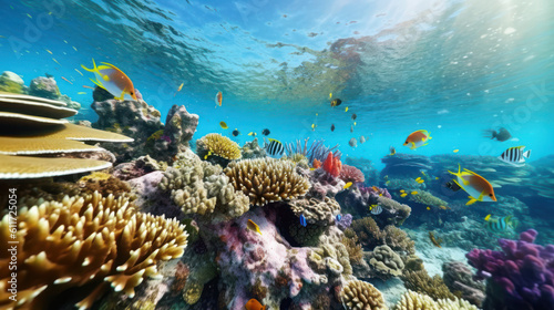 Wonderful and beautiful underwater world with corals fish with Blacktail butterflyfish and sailfin tang on coral garden in red sea. Generative AI photo