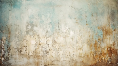 Distressed painted surface. Light green, brown, beige antique aged metal, wall. Vintage texture backdrop. Generative Ai.