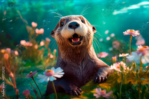 Fototapeta Naklejka Na Ścianę i Meble -  friendly and charismatic otter character involved in an everyday activity, animal influencer, animals banner, Generative AI