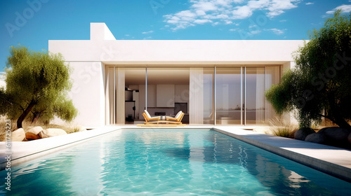 Contemporary white house or villa with pool. Generative ai edited