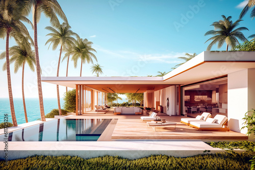 Sea view.Luxury modern white beach hotel with swimming pool. Sunbed on sundeck for vacation home or hotel. Generative ai Edited 