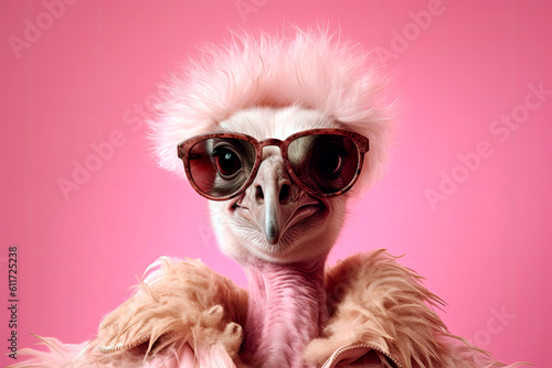 friendly and charismatic ostrich character involved in an everyday activity, animal influencer, animals banner, Generative AI