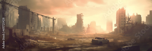 post apocalyptic skyline, ruined skyscrapers, banner, generative AI