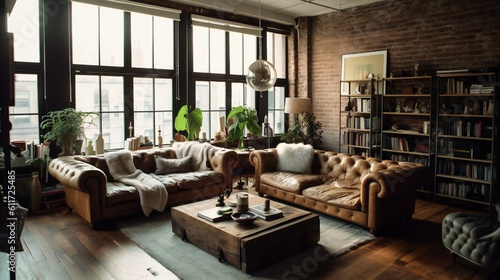 Urban Loft Living Room Interior, Exposed Brick Wall, Leather Sofas, Vintage Bookshelves, Large Windows, Soft Ambient Lighting in New York City - Generative AI. © Sparkls