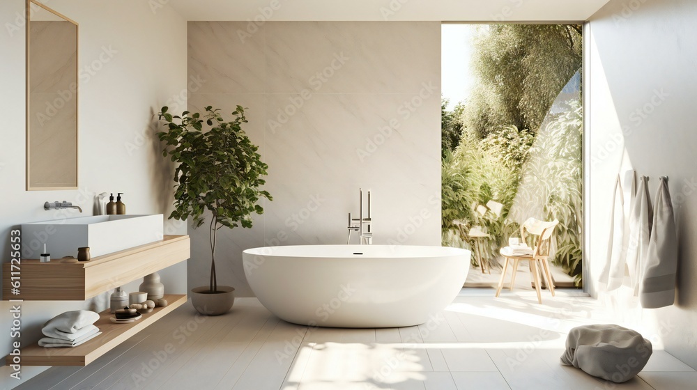 Fototapeta premium Modern Luxurious Scandinavian Minimalist Spa Bathroom, Freestanding tub, IKEA. Style, Wood, Minimal, Whites and greys accents, Soft diffuse light in Milan, Italy, Serene Morning - Generative AI