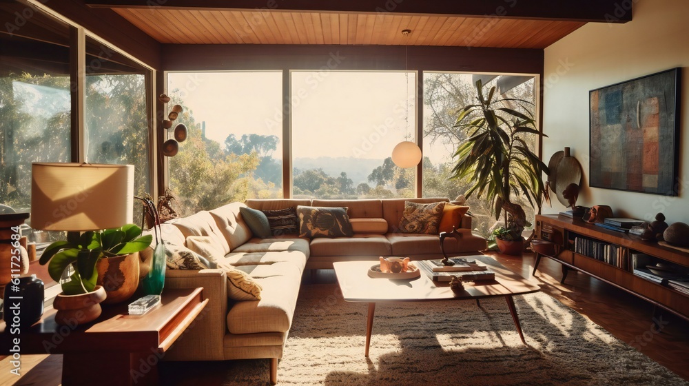 Fototapeta premium Mid-century modern Design Interior, Living Room, Sectional sofa, Wood and fabric, Noon in Hollywood Hills, Relaxed Vibe - Generative AI