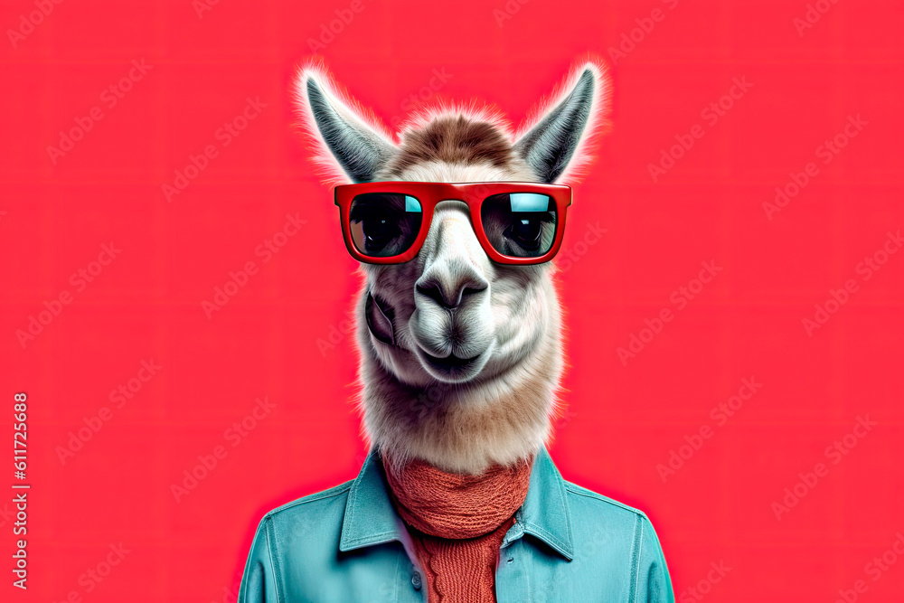 friendly and charismatic lama character involved in an everyday activity, animal influencer, animals banner, Generative AI
