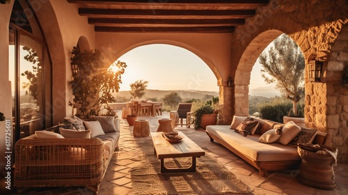 Mediterranean Rustic Veranda Overlook, Stone Archway, Wicker Furniture, Soft Cushions, Sunset Glow, Picturesque Countryside View, Tranquil Evening in Tuscany - Generative AI. © Sparkls