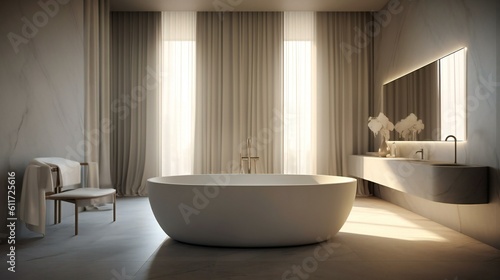 Modern Luxurious Minimalist Spa Bathroom  Freestanding tub  Marble and brass  Minimal  Whites and greys accents  Soft diffuse light in Milan  Italy  Serene Morning - Generative AI