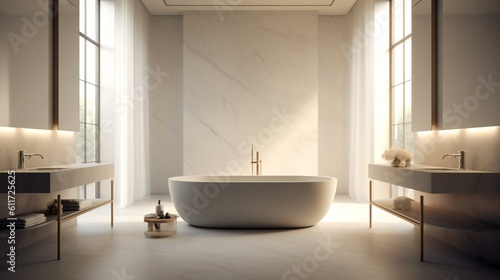 Modern Luxurious Minimalist Spa Bathroom, Freestanding tub, Marble and brass, Minimal, Whites and greys accents, Soft diffuse light in Milan, Italy, Serene Morning - Generative AI