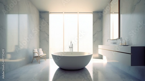 Modern Luxurious Minimalist Spa Bathroom  Freestanding tub  Marble and brass  Minimal  Whites and greys accents  Soft diffuse light in Milan  Italy  Serene Morning - Generative AI