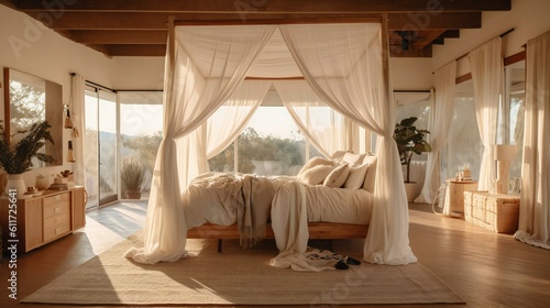Serenely Illuminated Modern Bedroom Oasis, Canopy Bed, Warm Wood Accents, Soft White Drapes, Panoramic Views, Peaceful Sunset Ambiance in Californian Retreat - Generative AI