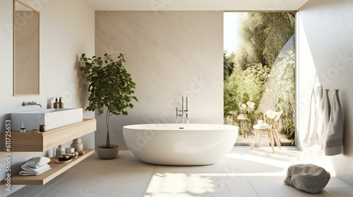 Modern Luxurious Scandinavian Minimalist Spa Bathroom  Freestanding tub  IKEA. Style   Wood  Minimal  Whites and greys accents  Soft diffuse light in Milan  Italy  Serene Morning - Generative AI