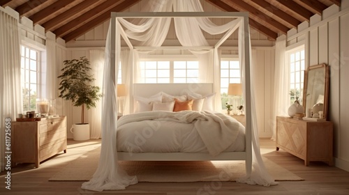 Elegant Rustic Bedroom Sanctuary, Canopy bed, Soft neutral palette, Wood beams, Light and airy, Morning ambiance in a peaceful countryside retreat - Generative AI