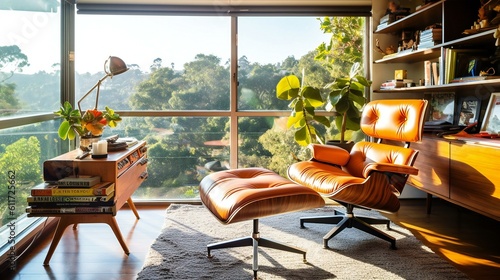Contemporary and Modern Home Interior Design Office, Eames chair, Wood and leather, Herman Miller Chair , Natural light, Beautiful Afternoon in Hollywood Hills - Generative AI photo