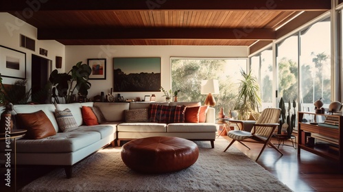 Obraz na płótnie Mid-century modern Design Interior, Living Room, Sectional sofa, Wood and fabric