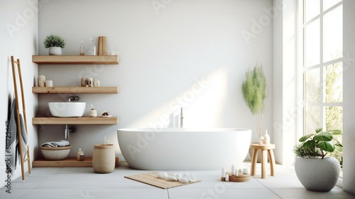 Modern Luxurious Scandinavian Minimalist Spa Bathroom  Freestanding tub  IKEA. Style   Wood  Minimal  Whites and greys accents  Soft diffuse light in Milan  Italy  Serene Morning - Generative AI