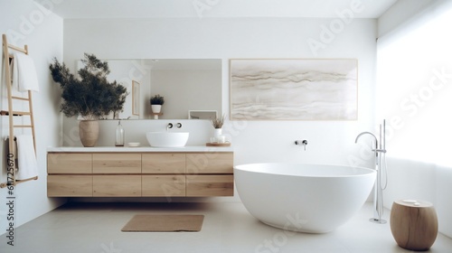 Modern Luxurious Scandinavian Minimalist Spa Bathroom, Freestanding tub, IKEA. Style, Wood, Minimal, Whites and greys accents, Soft diffuse light in Milan, Italy, Serene Morning - Generative AI