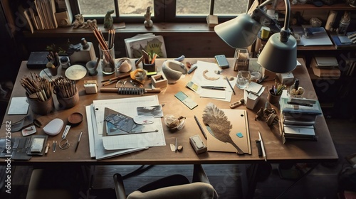 Vintage Artistic Workspace, Eclectic Tools and Supplies, Rustic Wood Table, Natural Daylight, Organized Chaos, Inspirational Creative Studio - Generative AI