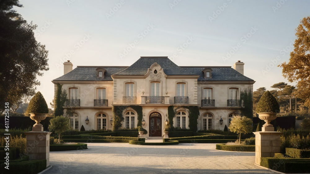 French Chateau Mansion, Symmetrical facade, Stone and iron,Elegant Morning in Bel Air, Luxurious Architecture - Generative AI 