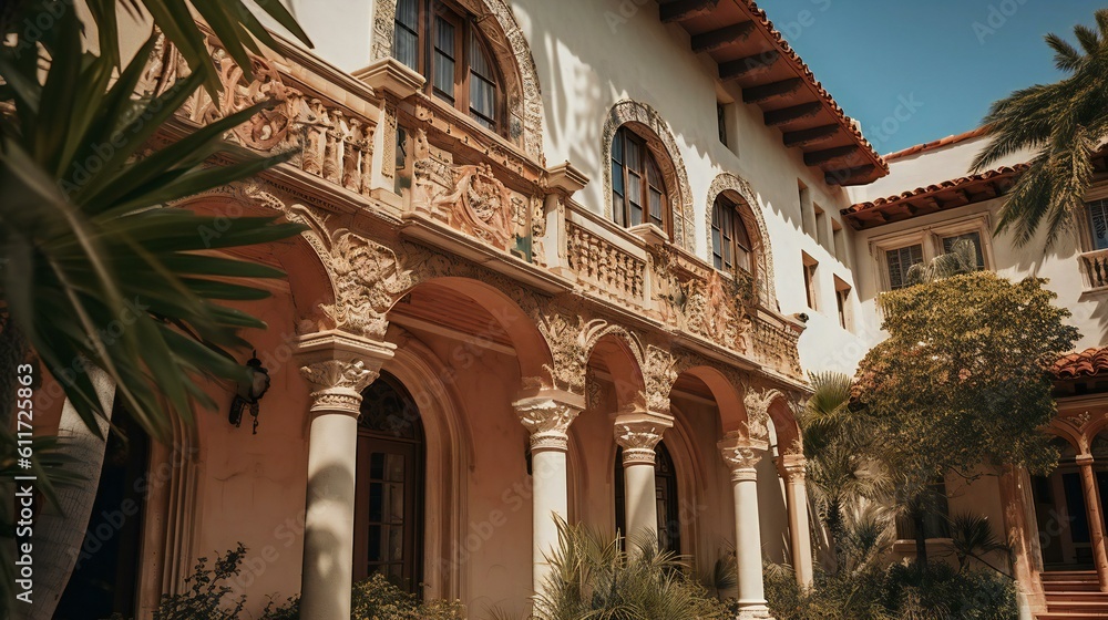 Spanish Colonial Mansion, Detailed entrance, Stucco and terracotta, Midday in Santa Monica, Historic Spanish Colonial Architecture - Generative AI