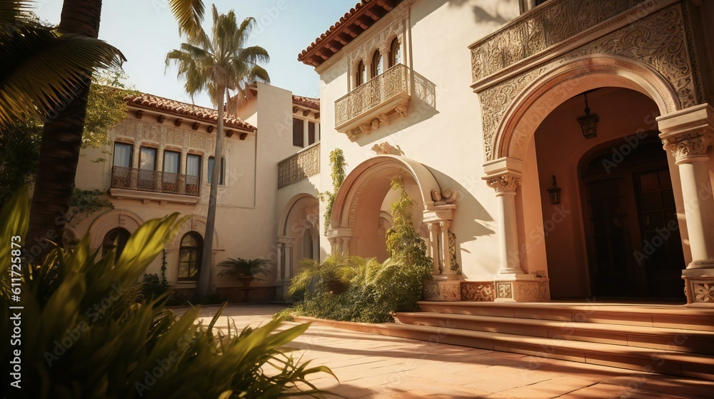 Spanish Colonial Mansion, Detailed entrance, Stucco and terracotta, Midday in Santa Monica, Historic Spanish Colonial Architecture - Generative AI