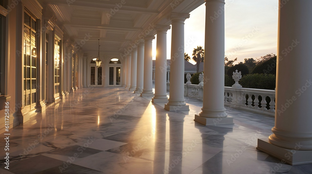 Neoclassical Mansion, Majestic pillars, Marble and stone, White and Gray accents, Ambient sunny light, Pacific Palisades in the Evening, Grandiose, Neoclassical Arc - Generative AI