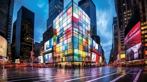 Digital Art Exterior City Design, Large digital billboard, Smooth glass, RGB spectrum, LED light, Times Square, Dawn, Energetic, Urban - Generative AI