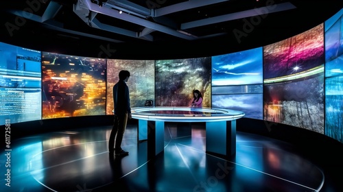 Digital Modern Art Museum, Interactive touch screen display, Smooth glass, RGB spectrum, Seoul Digital Media City, Afternoon - Generative AI