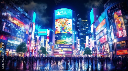 Digital Art High Tech Holographic projection City Exterior Buildings Design , RGB spectrum, Projected light, Futuristic Night in Tokyo Shibuya Crossing, Night - Generative AI © Sparkls