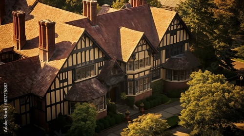 Tudor Revival Mansion bird View, Steep gabled roofs, Brick and wood, Brown hues, Sunny Afternoon in Hancock Park, traditional Architecture - Generative AI