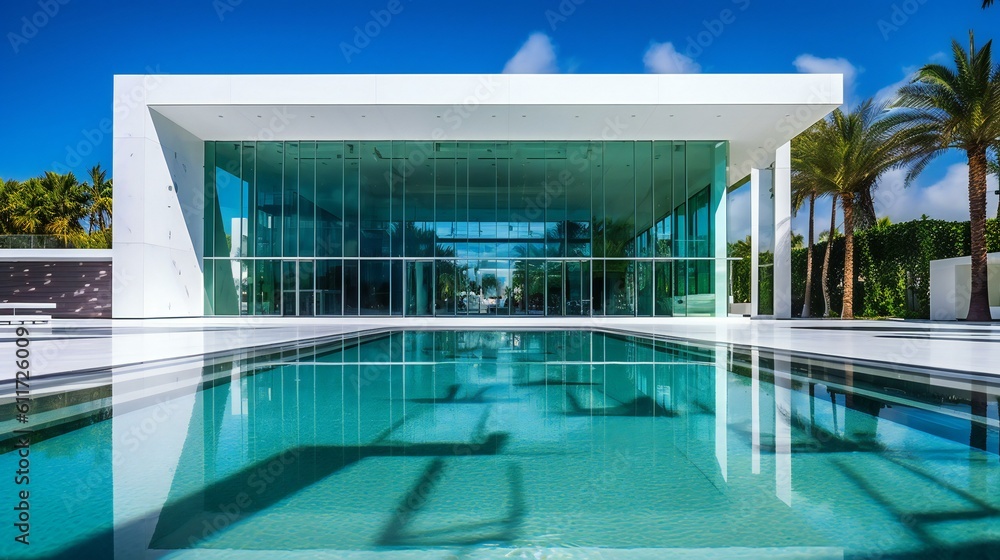 Modern Luxurious Design Exterior, Mansion, Glass facade, Concrete and glass, Fendi Casa, Sunny day in Miami, Midday, Elegant, Modern Architecture - Generative AI